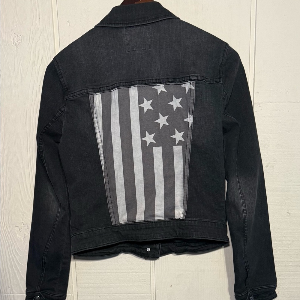 Rock & Republic Denim Jacket American Flag Black Women SZ S Long Sleeve Black